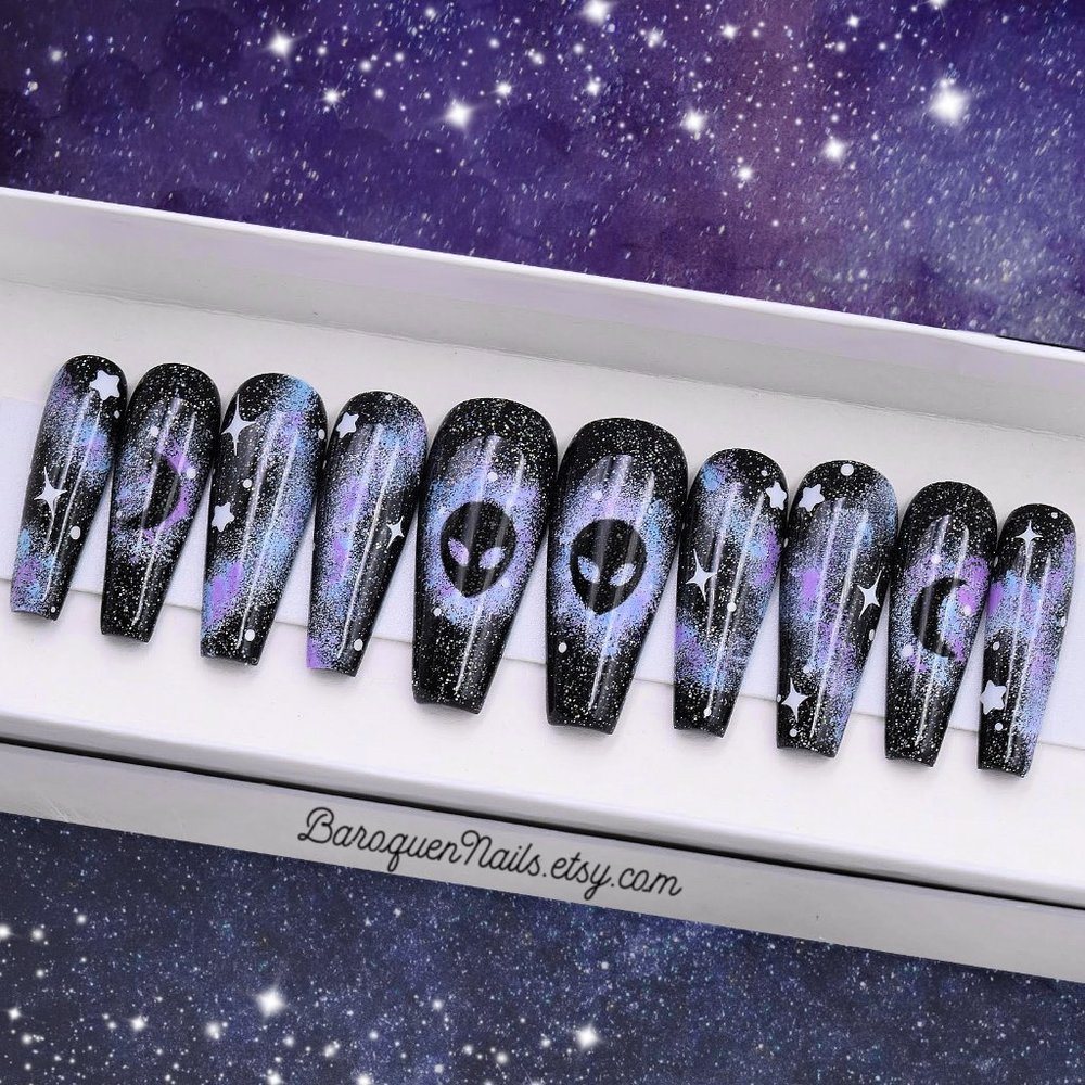 Galaxy Nail Art Alien Themed 90's Retro Space Press On Nails